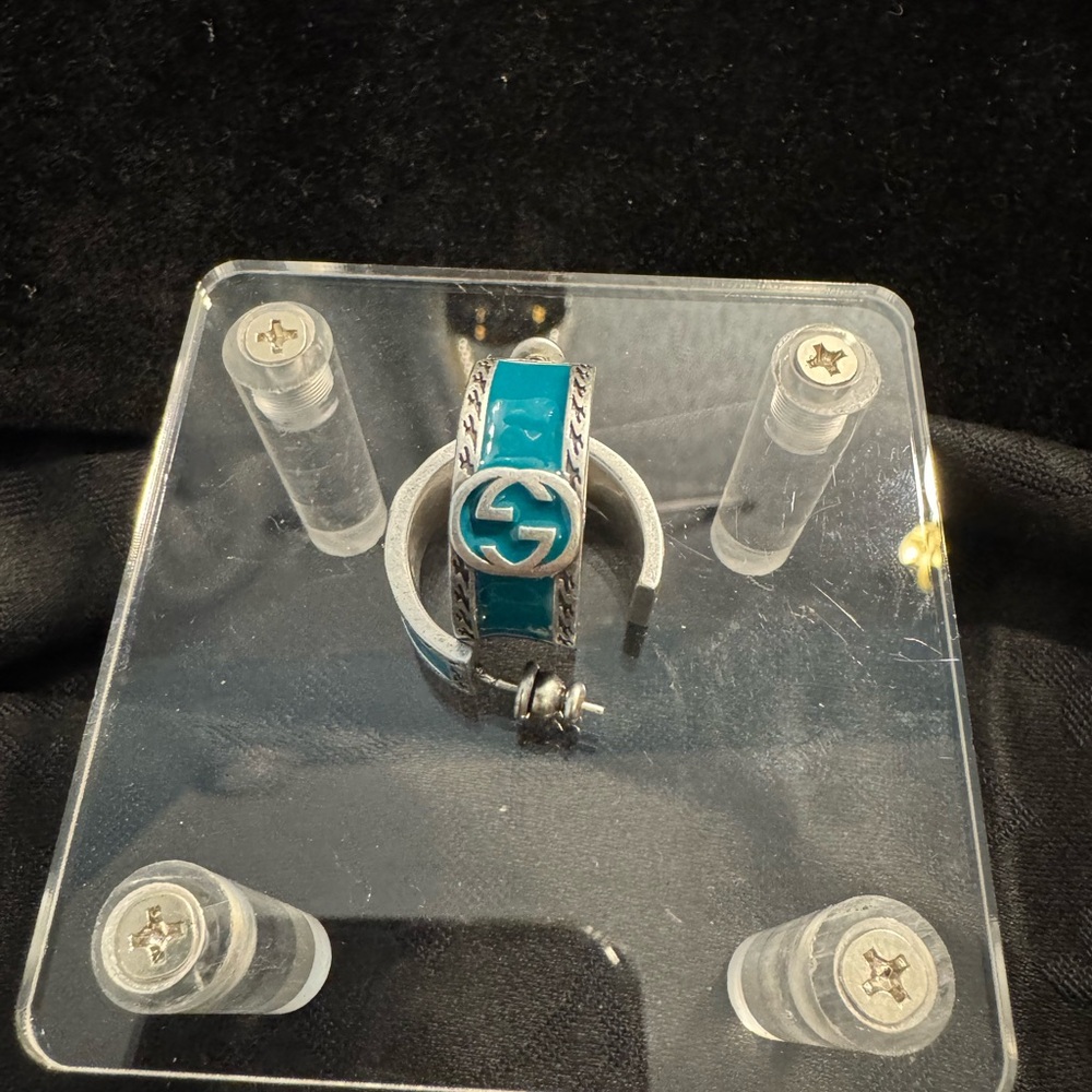 Gucci GG Silver and Blue Interlock Engraved Earrings